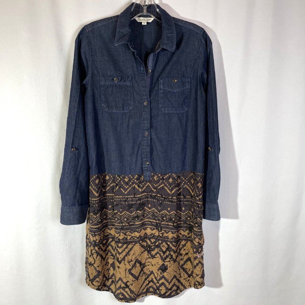 Thursday Island Denim Batik Dress Lightweight Drop Waist Rollup Sleeves Size S - Picture 4 of 15